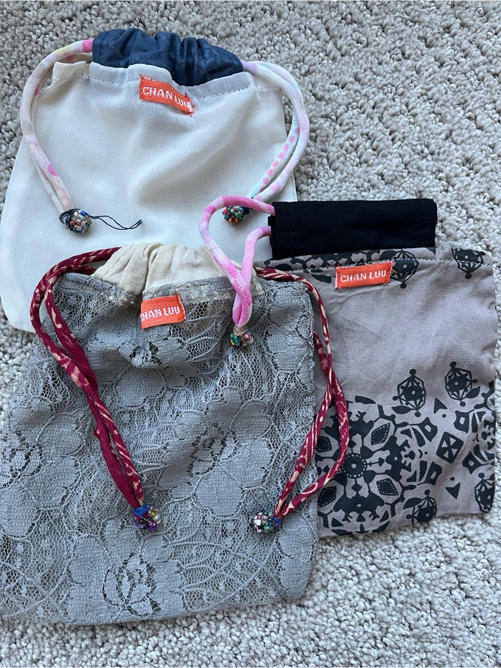 3 Chan Luu Kids Drawstring Pouch Set - Pink, Gray, Cream